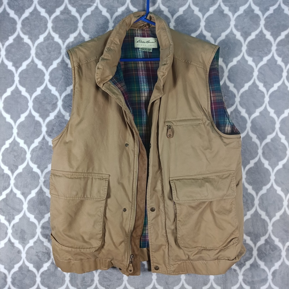 Eddie Bauer Goose Down Vest Mens Large Tall Tan Plaid Lined Canvas Puffer